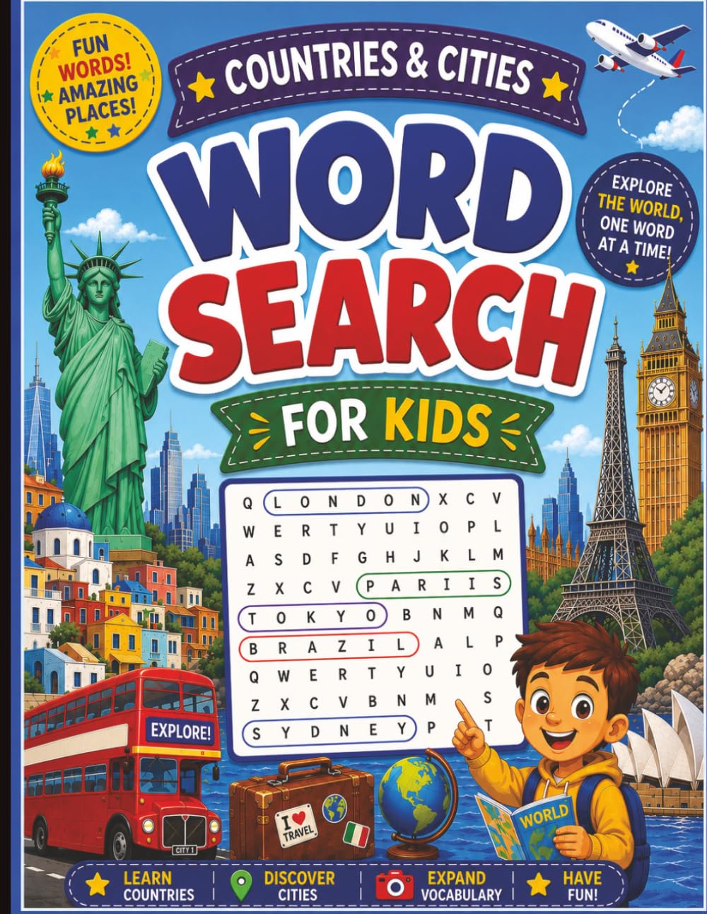 Word Search for Kids 8–12: Countries & Cities: 100 Puzzles — Progressive Difficulty, Answer Key, World Geography for Ages 8–12
