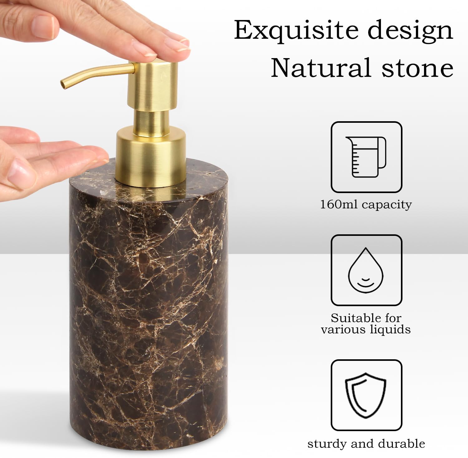 Natural Marble Soap Dispenser for Bathroom and Kitchen Countertop - 5.41 Ounces Hand Lotion and Liquid Stone Shampoo Laundry Bottle with Pump (1, Dark Brown, Cylindrical Bottle)