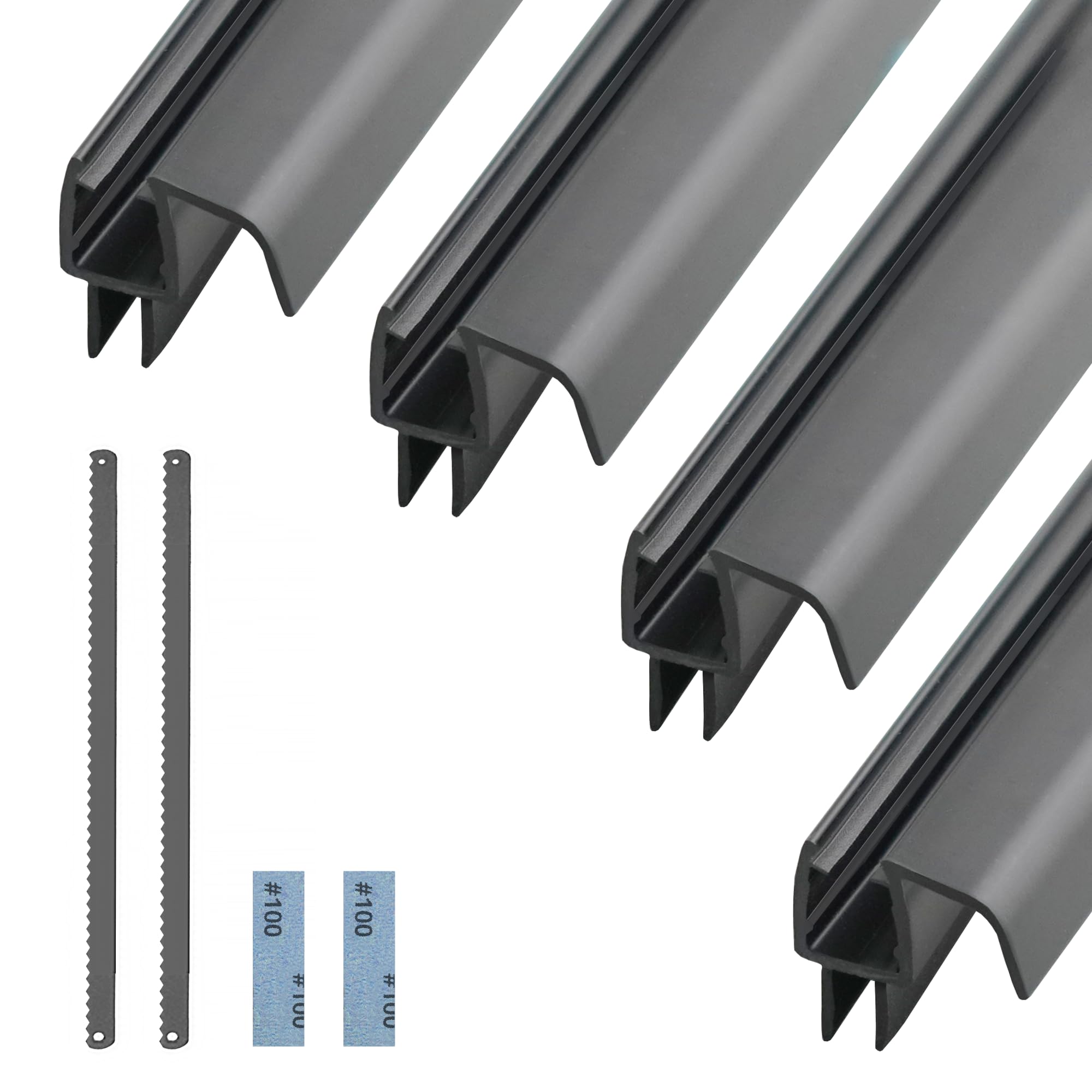 Frameless Shower Door Bottom Seal Kit (3/8" x 36") - 4pcs Black Shower Door Sweeps with 2pcs Hacksaw Blades, 2pcs Mini Sandpapers... Shower Door Seal, Shower Door Seal Strip Bottom