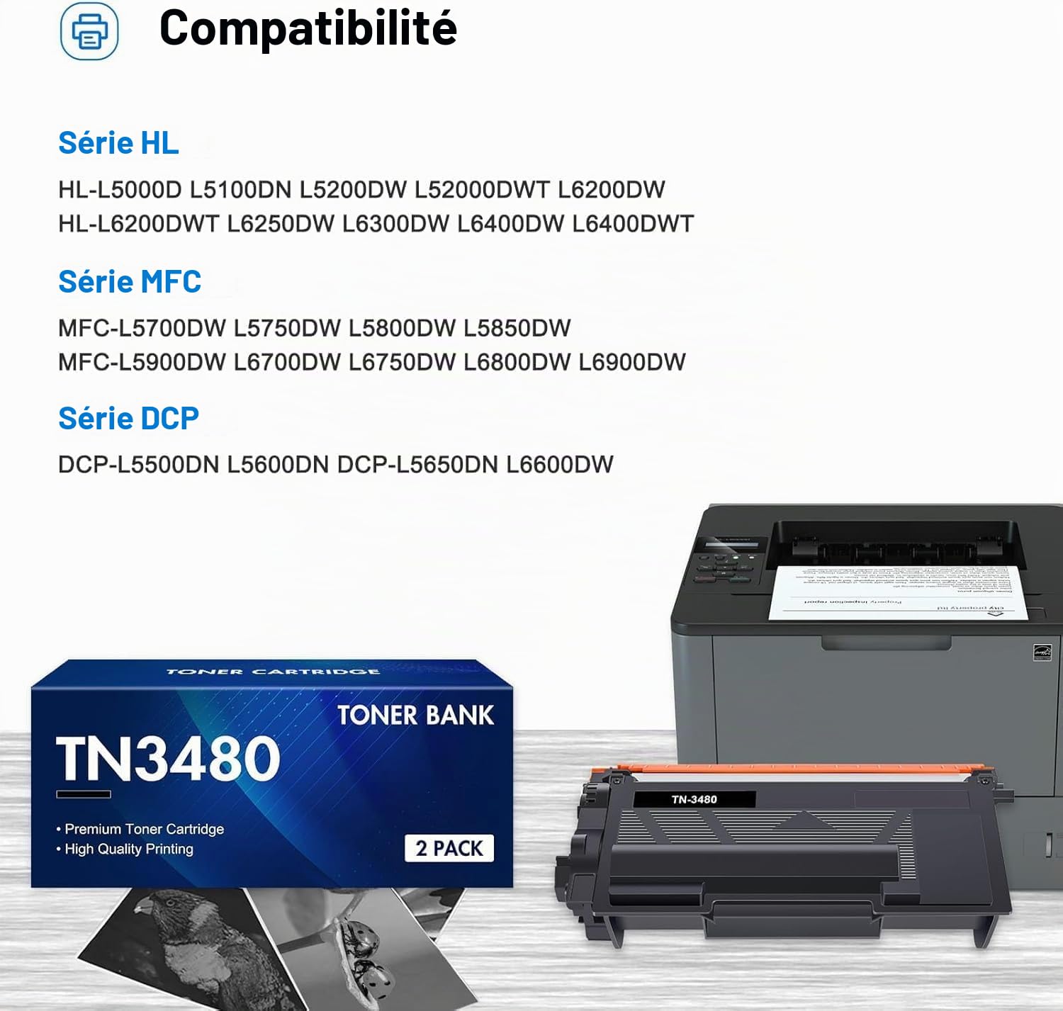 TN3480 Cartouche de Toner Compatible pour Brother TN-3480 TN3480 TN 3480 HL-L5100DN MFC-L5750DW HL-L5200DW MFC-L5700DW HL-L6400DW HL-L5000D DCP-L5500DN TN-3430 TN3430 TN 3430 Noir, 2-Pack
