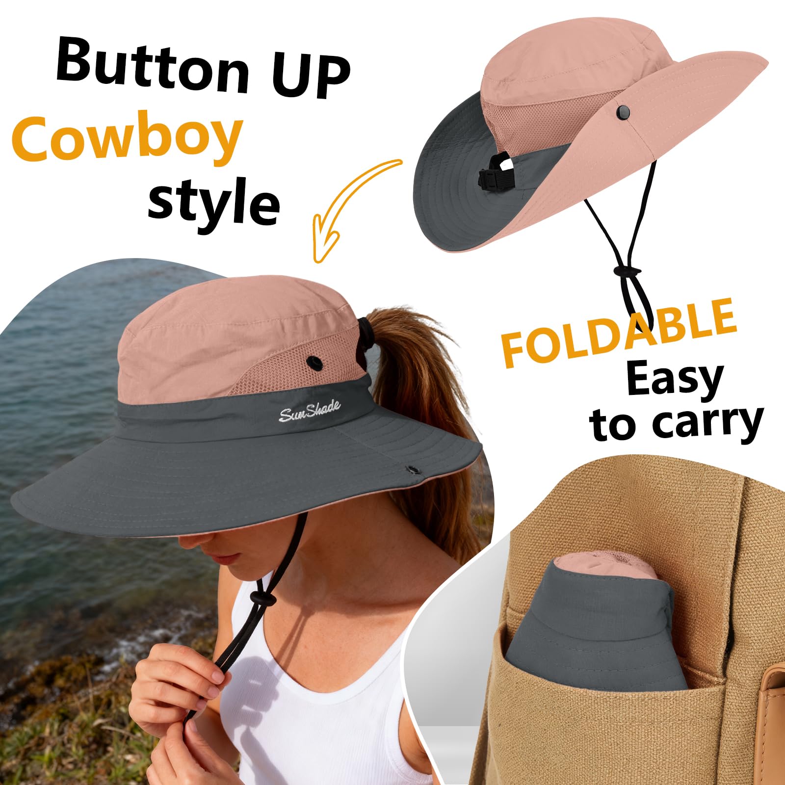 ZOORON Sombrero de safari para mujer, ala ancha, protección UV, para exteriores, plegable, para playa, verano, pesca
