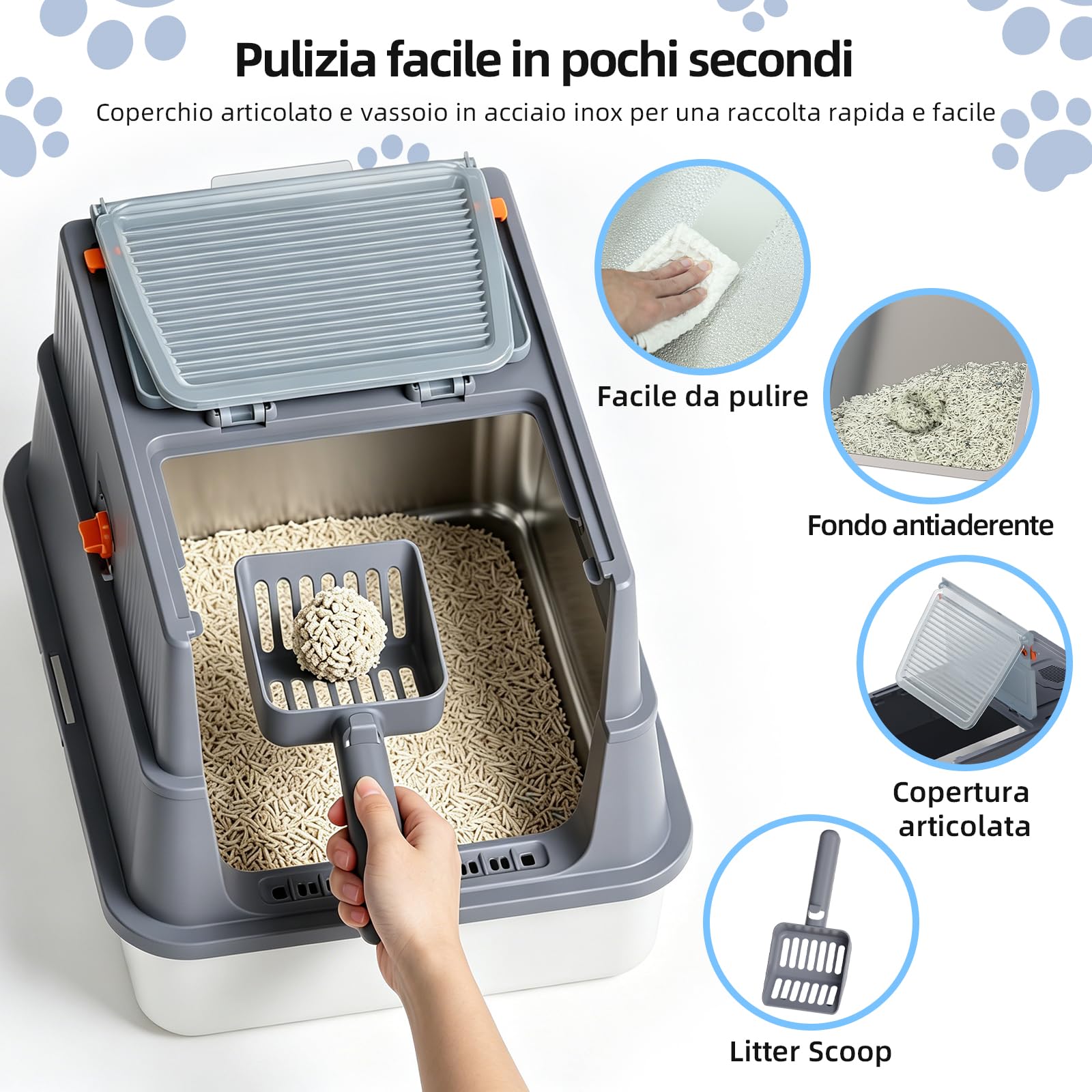 Lettiera per gatti in acciaio inox con coperchio, piccola lettiera chiusa con lati alti per neonati e giovani gattini, facile da pulire, ideale per gatti piccoli, 45 x 35 x 36 cm