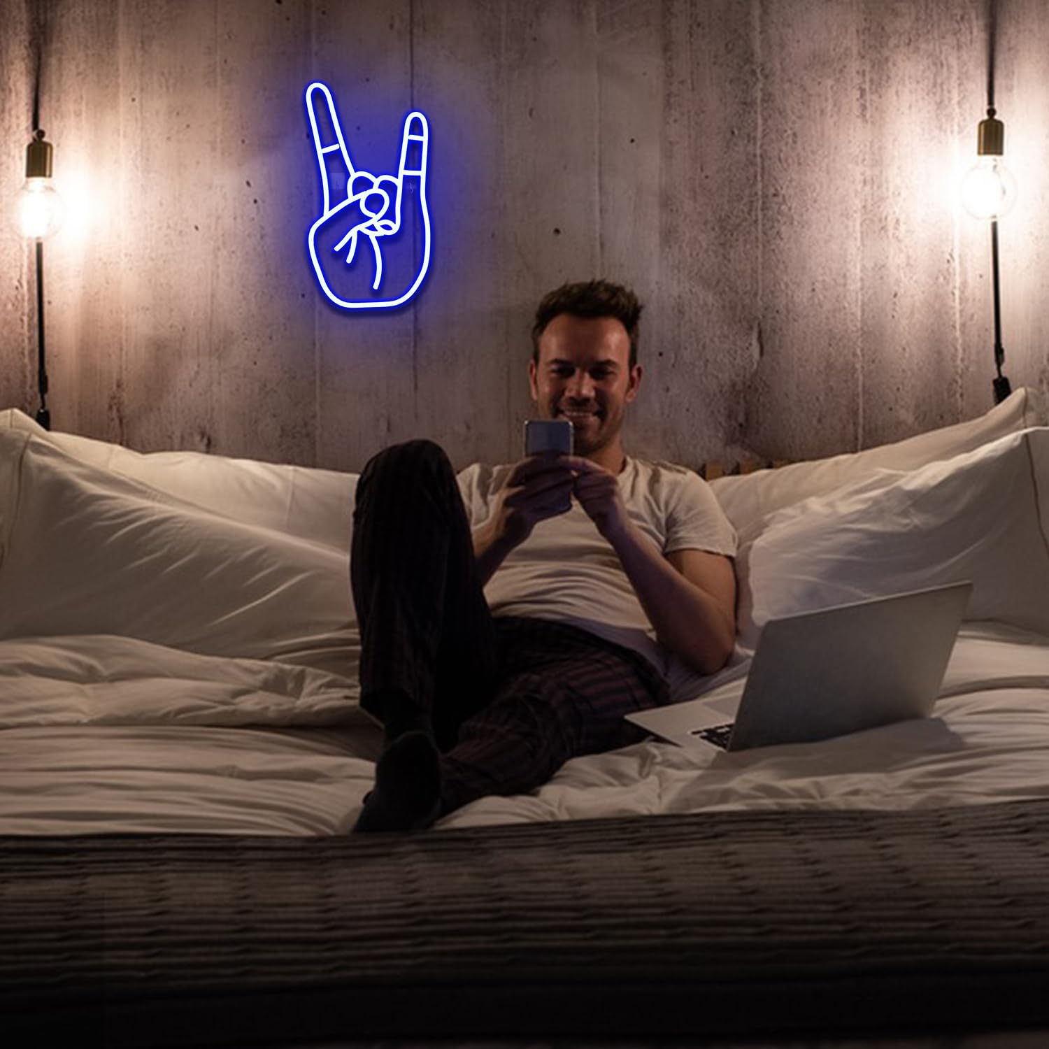 LUCUNSTAR Panneau néon Rock Gesture LED bleu USB pour décoration murale bar salle de jeux fête