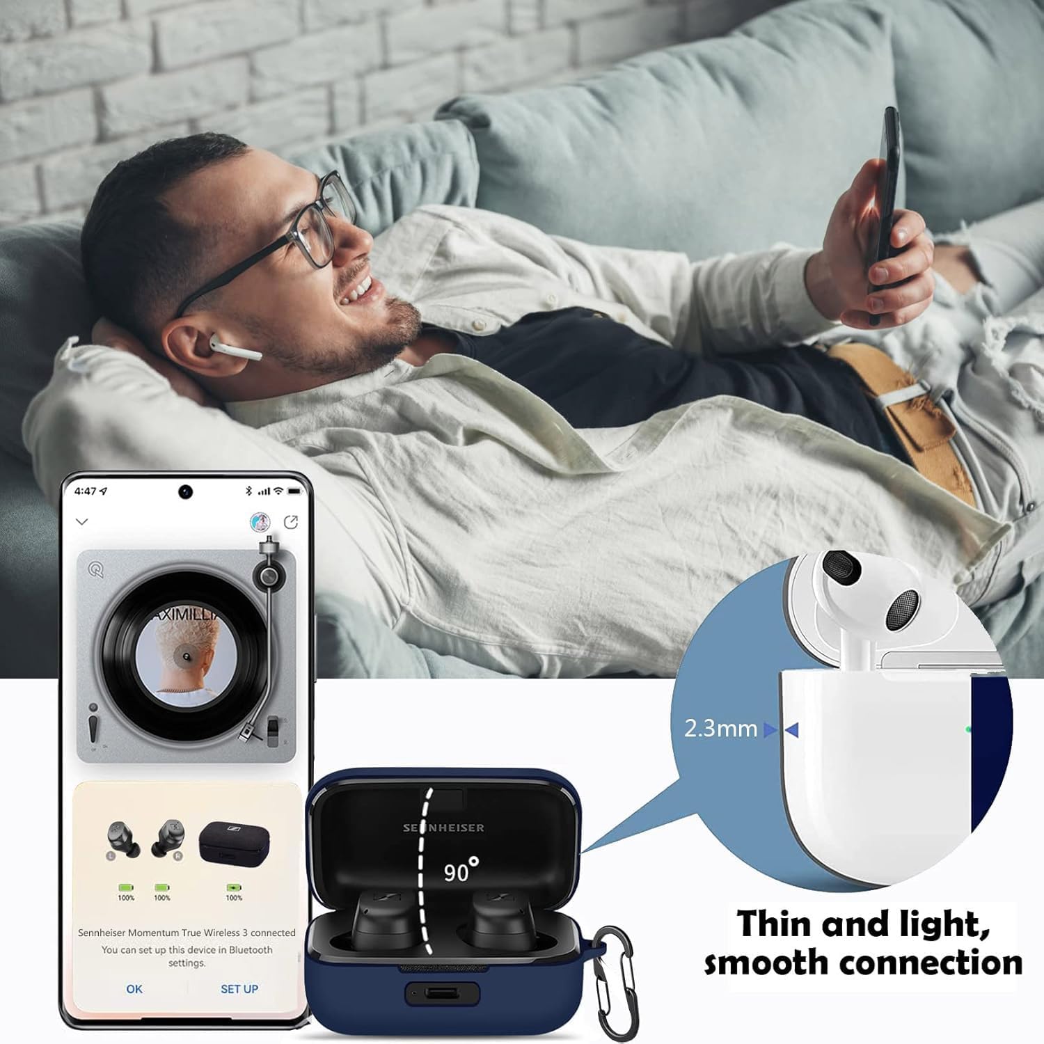 [2 Pack] easyBee Case Compatible with Sennheiser Momentum True Wireless 3/4 Bluetooth Headphone Charging Cover with 2 Keychain, Soft Liquid Silicone Ultra Thin Shockproof Protective Kit - Black Blue image 5