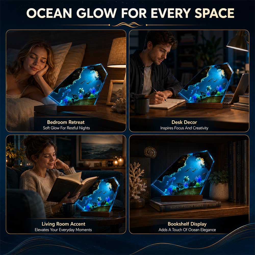 Epoxidharz Lampe, 3D Ozeanlampen mit Taucher und Buckelwale, Fake Aquarium Ocean Lamp aus Holz und Harz, Meerestiere Deko für Meeresliebhaber, Desktop-Kunst-Dekoration