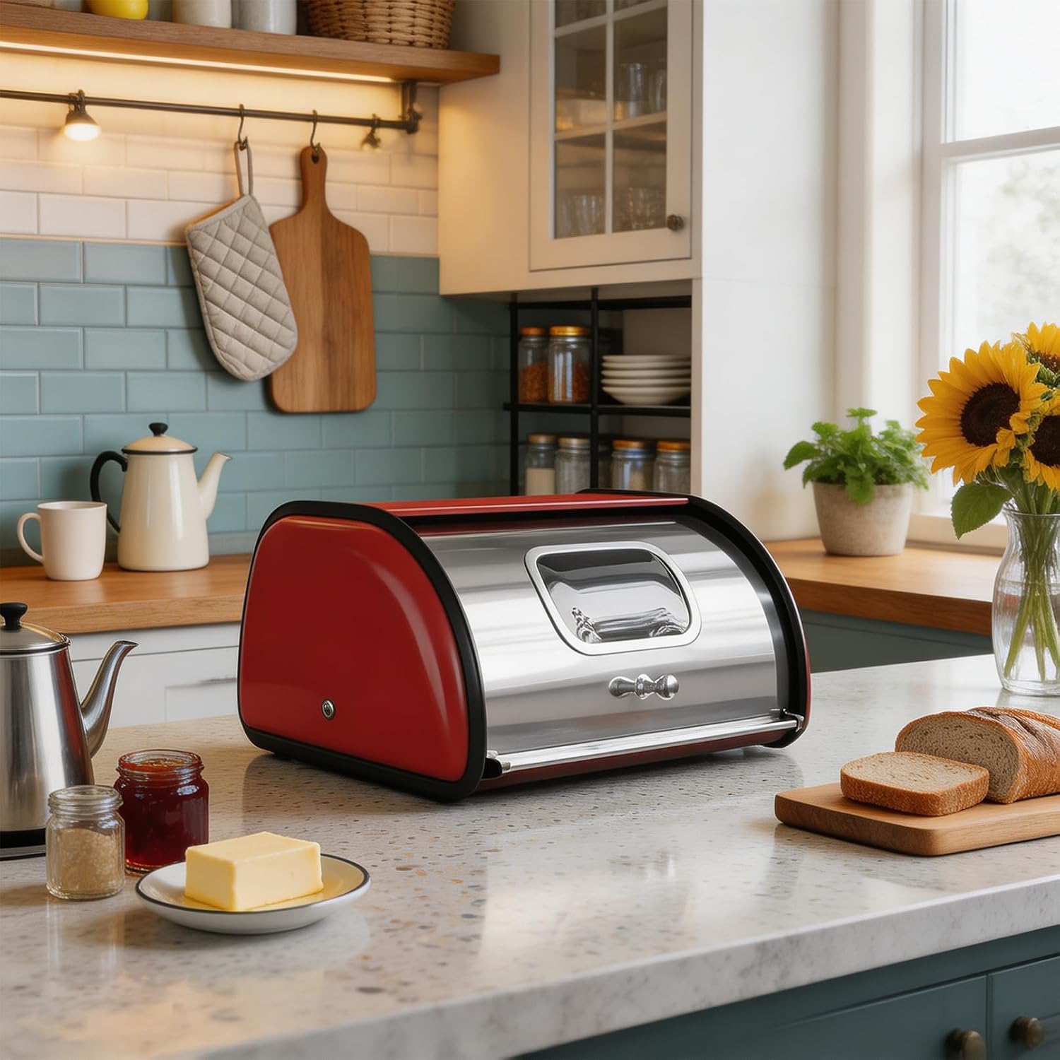 DreamsEden Red Bread Box for Countertop, Stainless Steel Bread Bin with Window & Roll Top Lid, 11L Large Kitchen Bread Storage Container for Homemade Bread, Baguette, Pastries, Counter Organization