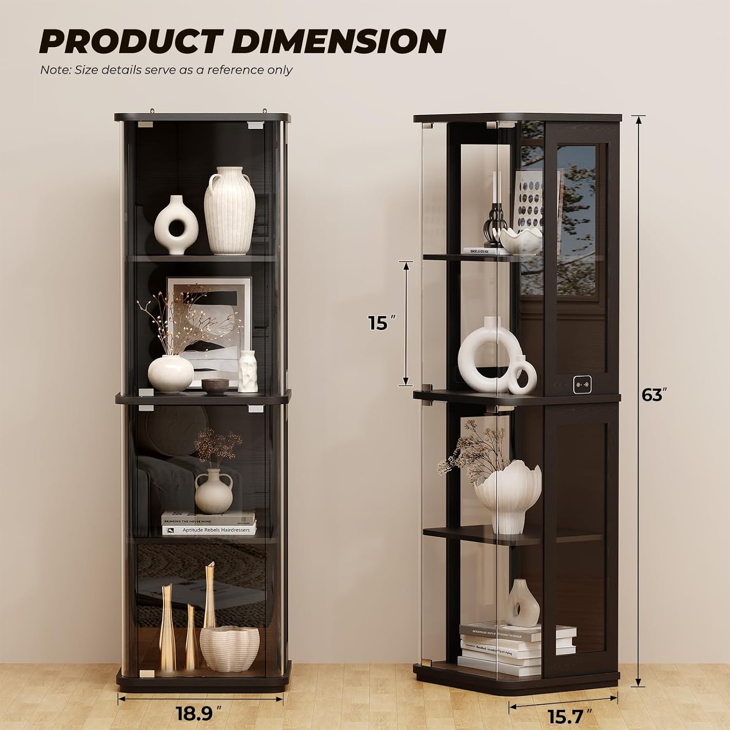 BROTTAR Rounded Display Cabinet with Glass Door, 4-Tier Curio Cabinet with 3 Color Lights for Collectibles, Glass Display Case with Transparent Full-Display Surface, Human Body Sensor, Black
