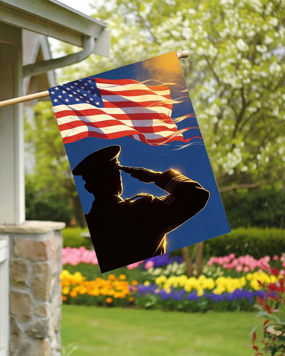 American Flag Veterans Day Soldier Military House Flag 28" x 40" Double Sided, Polyester Memorial Patrotic Army 4th of July Welcome Yard Garden Flag Banners for Patio Lawn Outdoor Home Decor