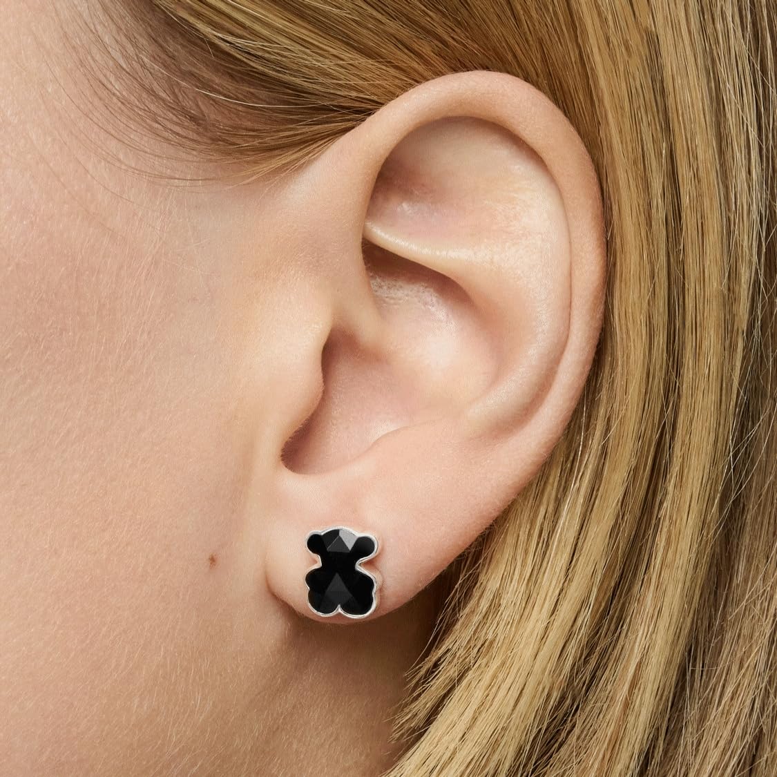TOUS Pendientes de Plata de Primera Ley para Mujer con Oso en Ónix de 10mm, Icon Color