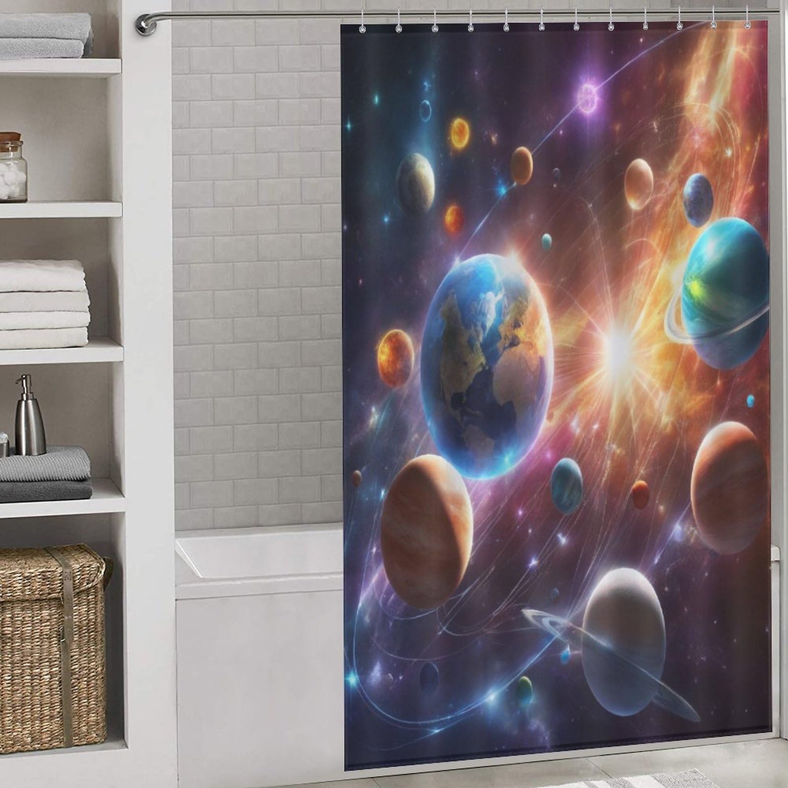 Rideau de douche lavable anti-moisissure planète spatiale pour grande baignoire