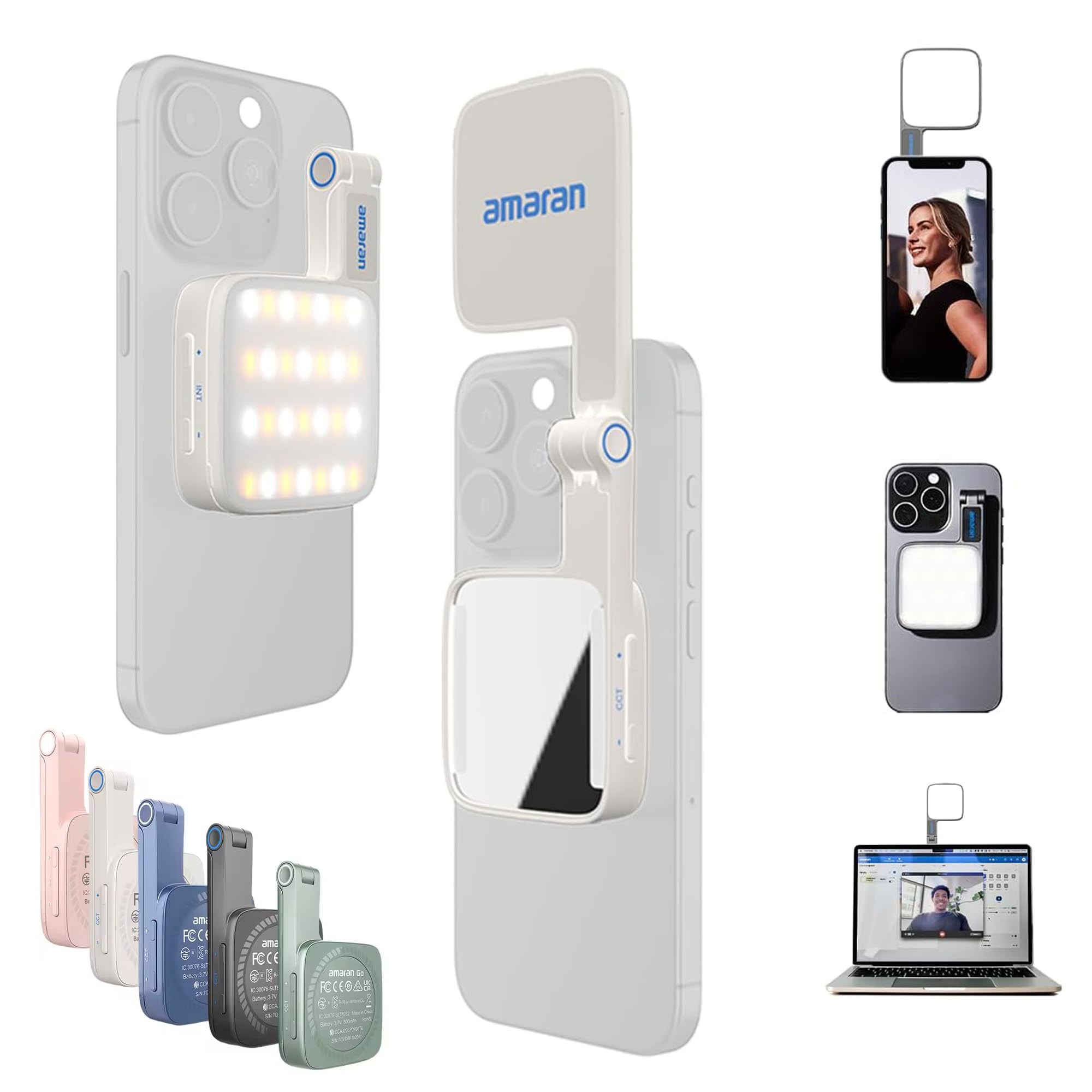 Amaran Go - Luce magnetica per telefono per selfie, doppia sorgente luminosa LED con specchio regolabile CCT 2700K-6500K, ricaricabile per selfie, trucco, videoconferenze, TikTok, per iPhone e Android