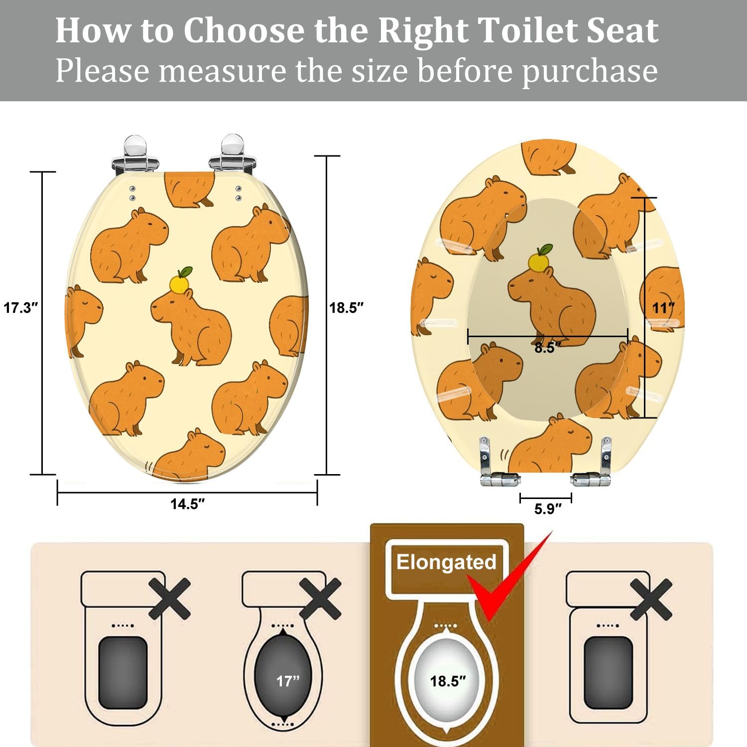 Elongated Toilet Seat Cute Capybara seamless pattern capybara sitting drawing Resin Toilet Seat Quietly Close Quick Release Hinges with Cover Bumpers Decorative Easy to Install Clean