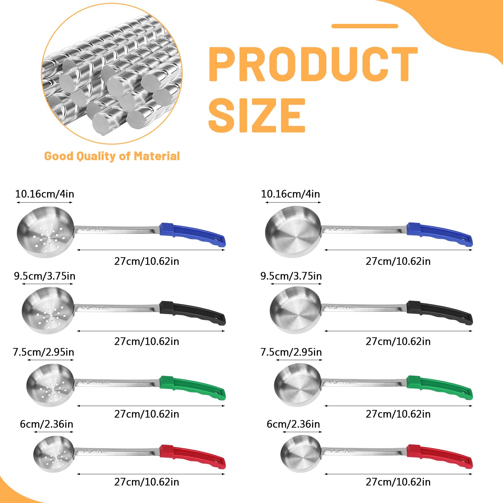 Lot de 16 Louches de Portionnement Inox, 4 Tailles 59-237 ml | 8 Cuillères Pleines et 8 Perforées avec Manches Couleur pour Cantine, Buffet, Traiteur, Restauration et Service