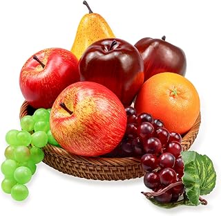 Ikosora 8pcs Lifelike Artificial Fake Fruits Set - Realistic Foam Apples, Grapes, Orange, Pear for Home Kitchen Decor, Party Props & Displays