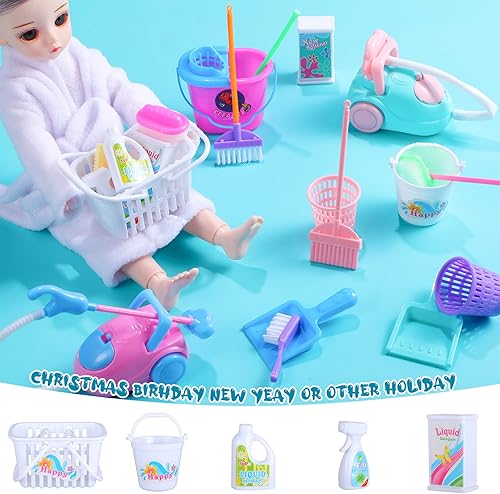 Miniatura 4 de 22 piezas de cubo en miniatura, suministros de limpieza para tareas domésticas, mini accesorios para casa de muñecas, fregona, cepillo, escoba,