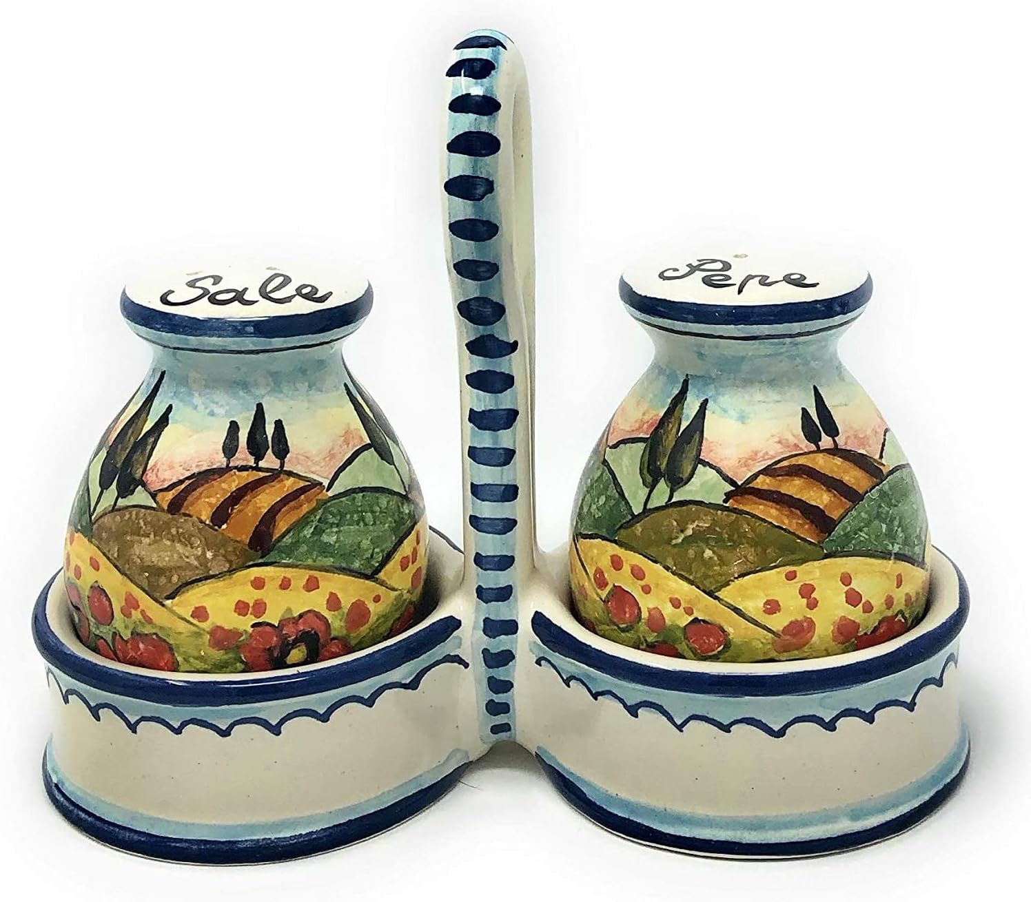 CERAMICHE D'ARTE PARRINI - Italian Ceramic Set Salt and Pepper Shakers Pots Art Pottery Hand Painted Decorated Poppies Landscape Made in ITALY Tuscan