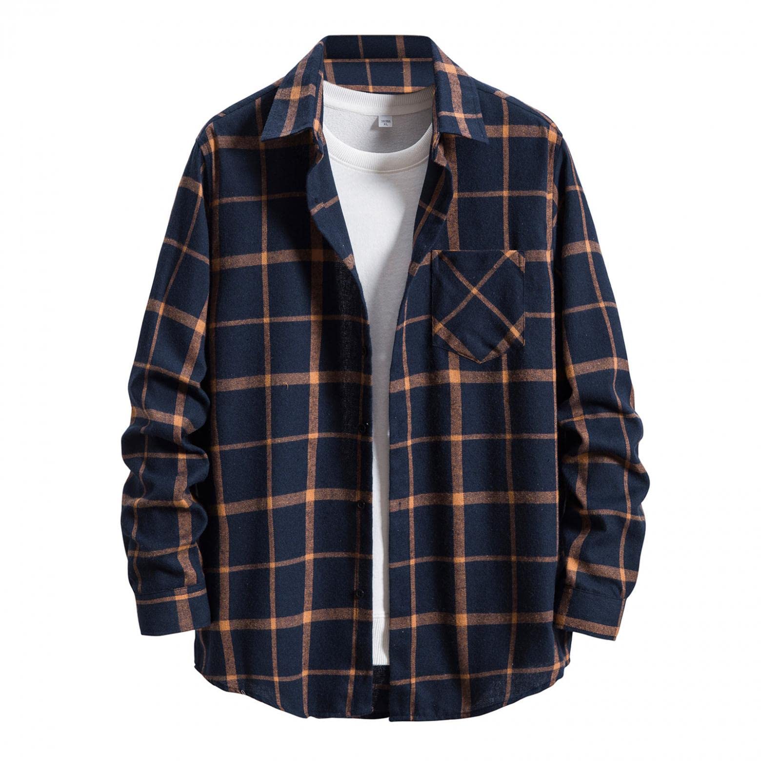 LMDGO Big and Tall Shirts for Men Regular Fit Long Sleeve Button Up Plaid Flannel Shacket Outwear Tops Casual Cotton Blouse