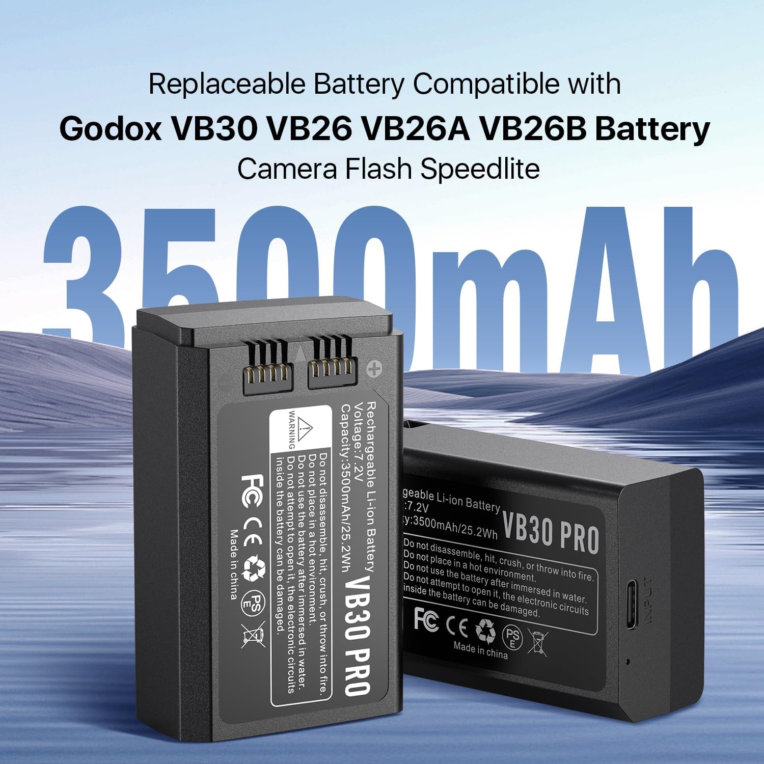 2 Pack 3500mAh Replaceable Battery Compatible with VB30 VB26 VB26A VB26B Camera Flash Speedlite Battery for V1/V1 PRO/AD100 PRO/V850III/V860III（Model:VB30 PRO）