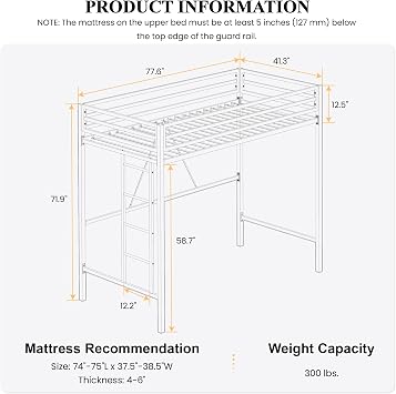 SHA CERLIN Loft Bed Twin Size with Ladder and Guardrail,Black | Heavy Duty Metal Slats Support,No Box Spring Needed,Small Space Saving Furniture for Bedroom Dorm