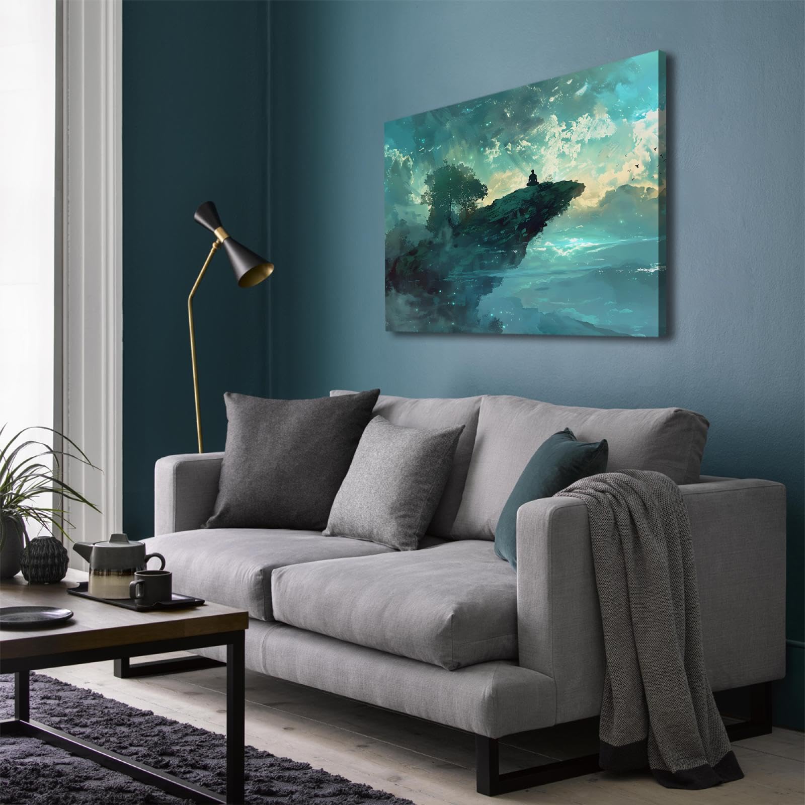 SHENGPOSTER Dreamlike and Mysterious Canvas Wall Art Yoga Meditation Position Canvas Prints Cliff Clouds Stretched Pictures Home Decor Blue 75x100cm Wewnętrzna ramka