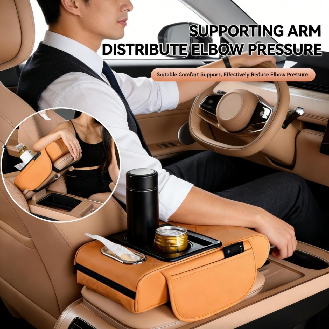 Multifunctional Pu Leather Car Armrest Box Mat,2026 New 5-in-1 Multifunctional Car Arm Rest Cover Pad with 2 Center Console Cup Holder,for Storing Tissues,Wallets,Drinks,for Most Cars (Black)