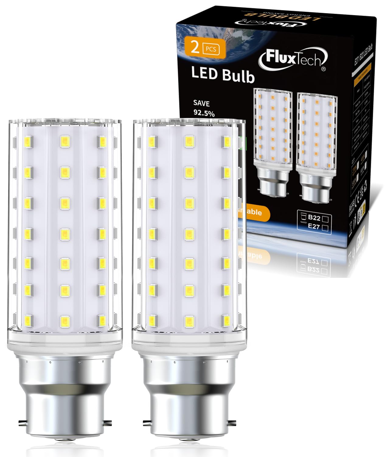 FluxTech B22 LED Bulbs Cool White 6000K, 5W Equivalent 75W 80W Incandescent, 925LM, Non-Dimmable Large Bayonet Fitting BC LED Corn Light Bulbs for Home Ceiling Lighting, AC 220-240V, 2 Pack