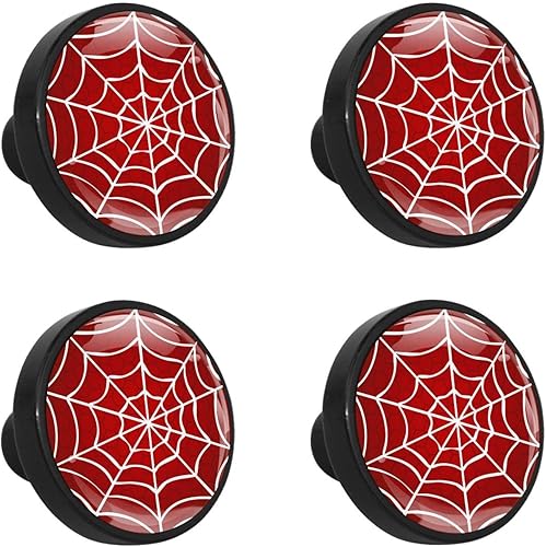 Juego de 4 manijas de telaraña blanca sobre fondo rojo, perillas de gabinete para armario, armario, aparador, puertas, armario, cajones, habitación