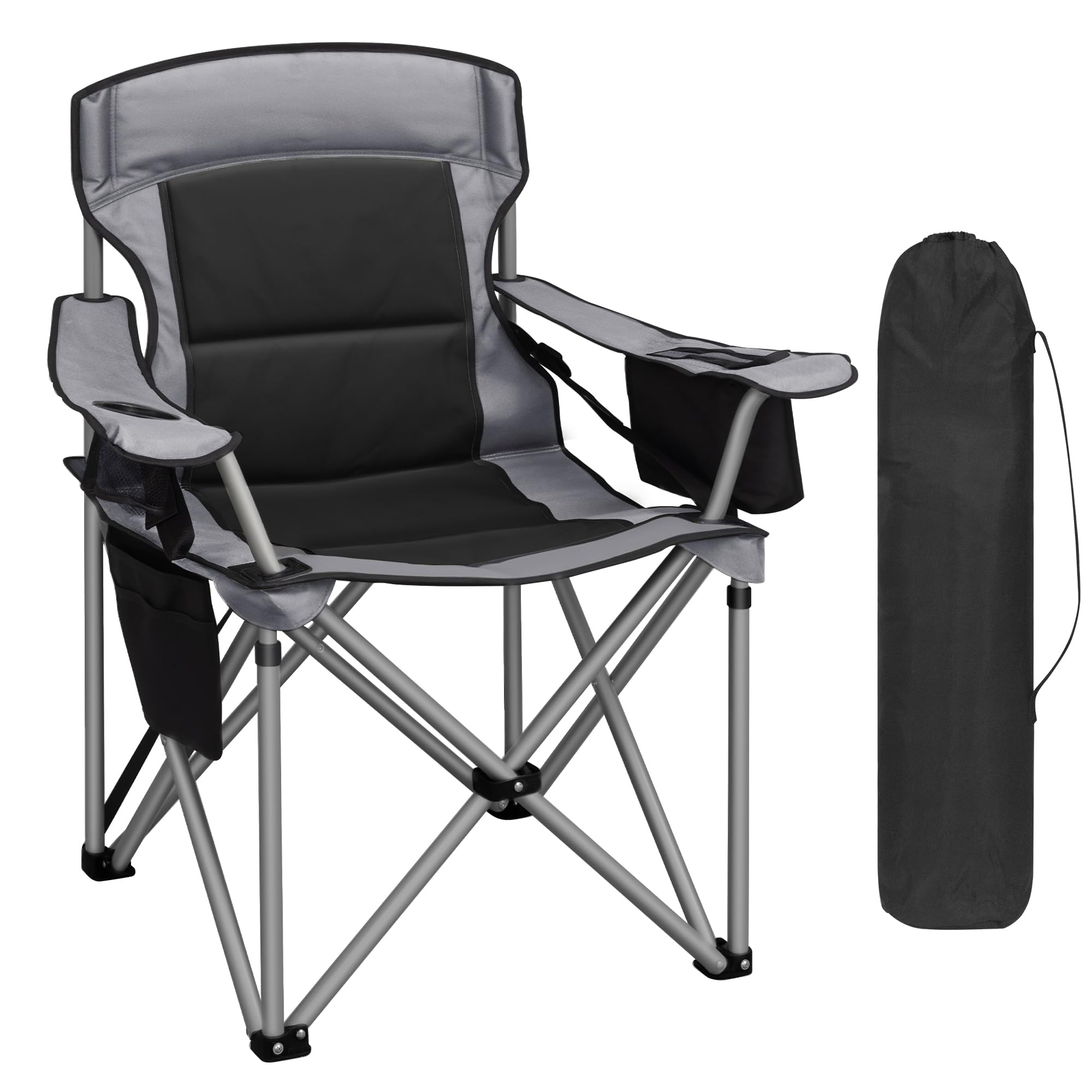 Hzuaneri Folding Camping Chair for Adults Oversized 220KG, Heavy Duty Padded Camping Chair with Adjustable Lumbar Support, Cooler Bag, Cup Holder for Garden Balcony Fishing Black and Grey CC00299EGR