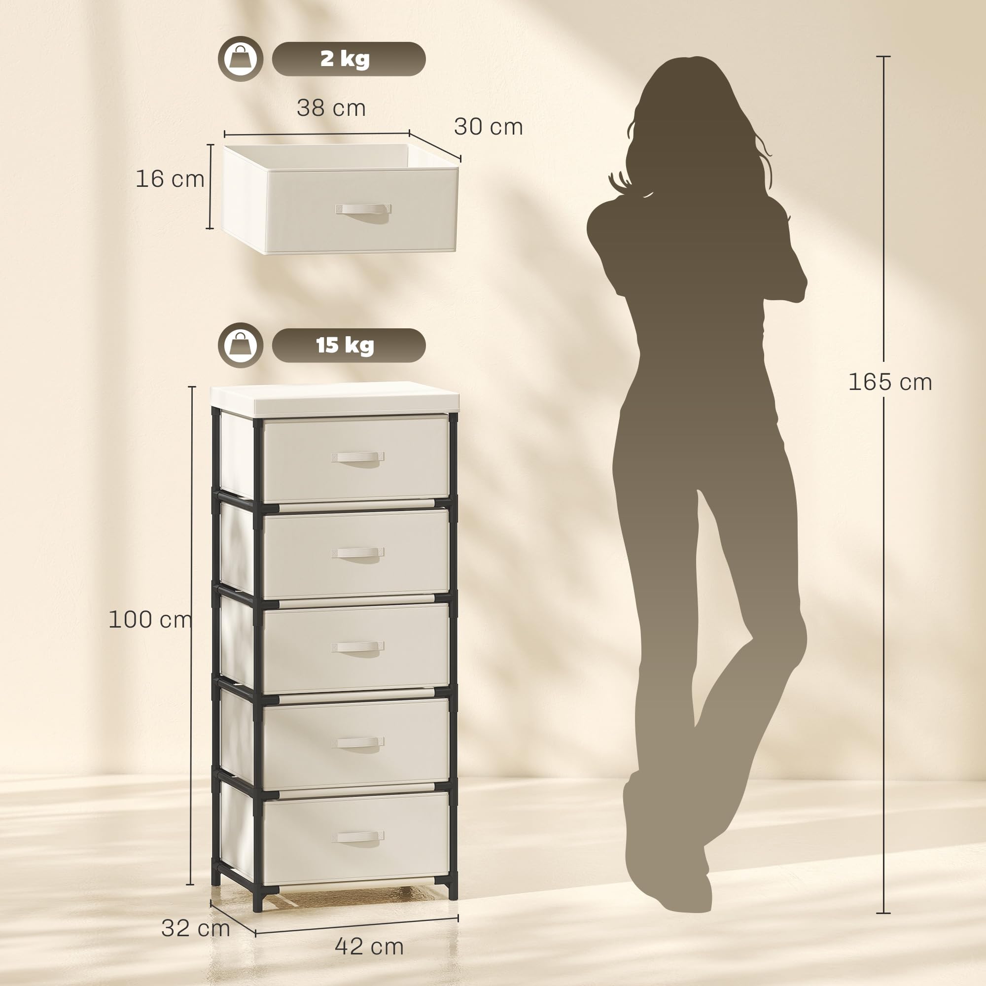 HOMCOM Cassettiera con 5 Cassetti, Mobiletto in Tessuto con Struttura in Acciaio, Montaggio Rapido, per Camera e Soggiorno, Beige e Nero