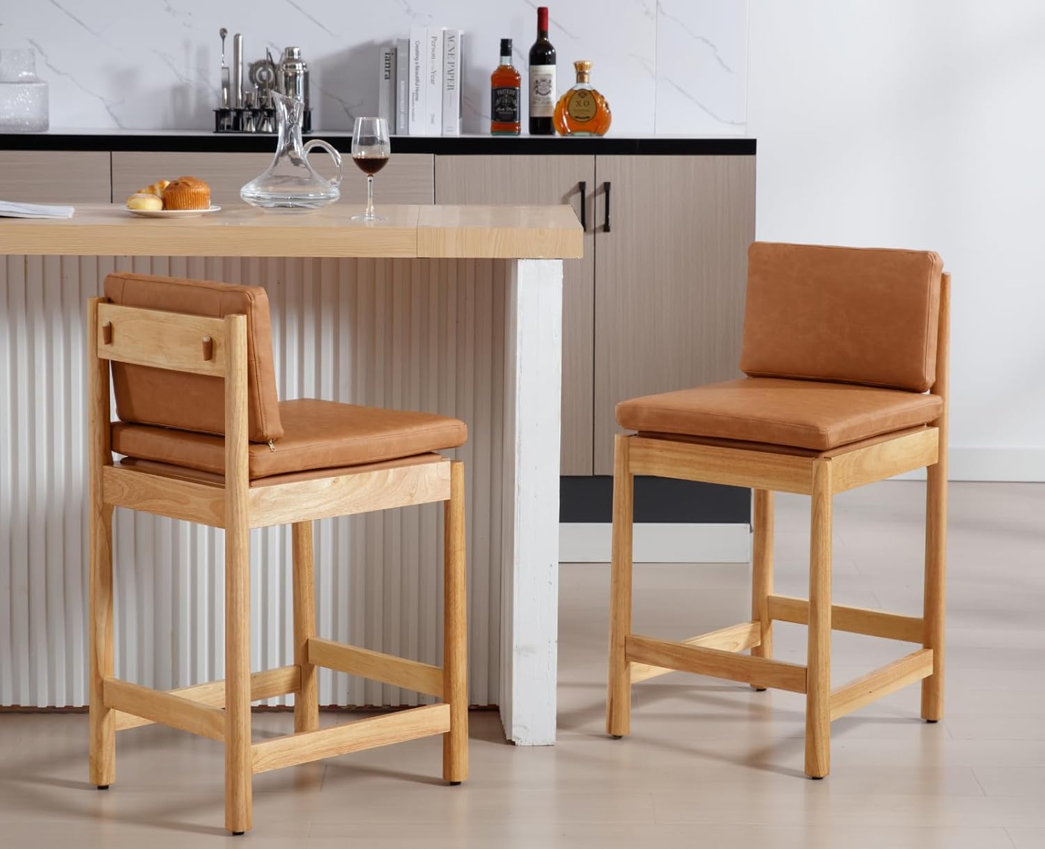 EALSON Counter Height Bar Stools Set of 2 Farmhouse Barstoos with Back Mid Century Modern Counter Stools with Natural Wood Legs Upholstered Leather Bar Charis for Kitchen Island/Pub, Brown