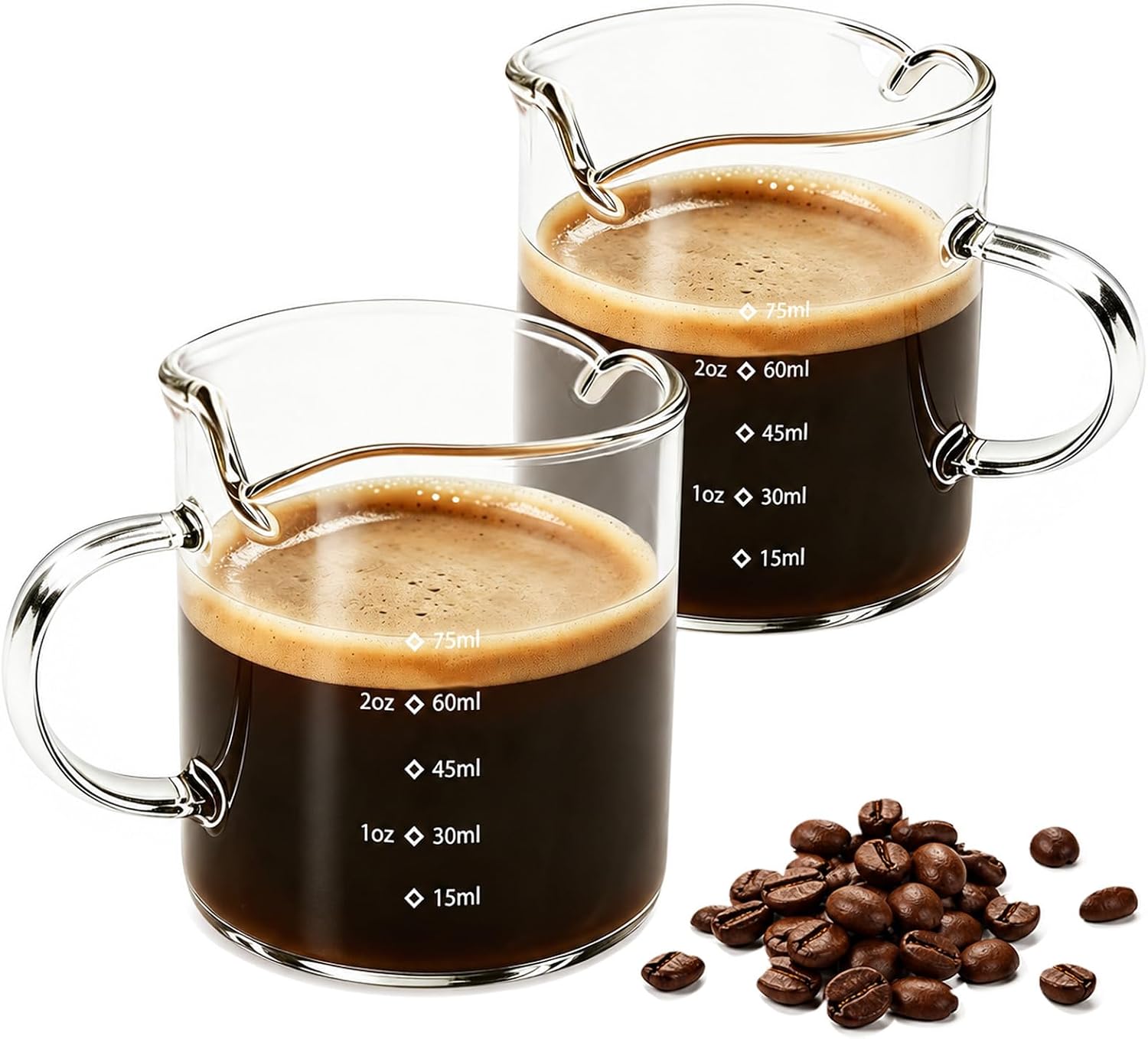 Espresso Cups Set of 2,4 OZ Double Spouts Cups, Shot Glasses, Measuring Cup with Scale Milk Cup with Handle, Clear Glass, Espresso Accessories for Machine
