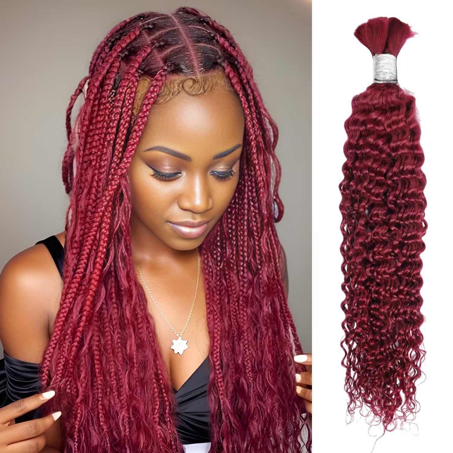 Human Braiding Hair 1 Bundle 50g 28 Inch Deep Water Wave Bulk Human Hair for Braiding No Weft 10A Brazilian Virgin Curly Human Hair Extensions for Boho Braids Wet and Wavy Red Burgundy Braiding Hair