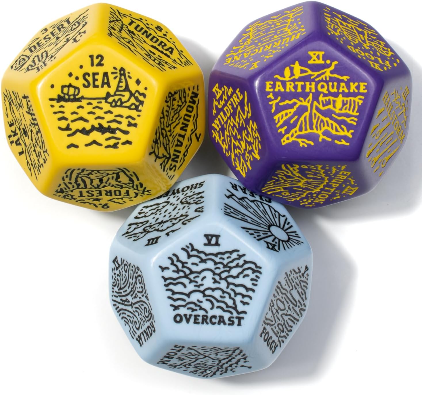 Weather, Severe Weather & Geography Generator Dice Set | 3 Jumbo D12s for D&D, Pathfinder & TTRPGs | Hand-Illustrated | Worldbuilding & Encounter Inspiration for Game Masters (Blues)
