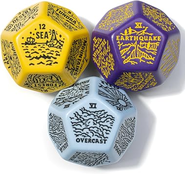 Weather, Severe Weather & Geography Generator Dice Set | 3 Jumbo D12s for D&D, Pathfinder & TTRPGs | Hand-Illustrated | Worldbuilding & Encounter Inspiration for Game Masters Purple, Yellow, Blue