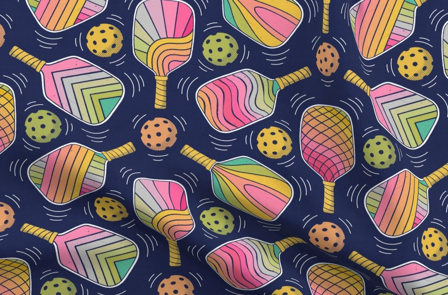 Spoonflower Fabric - Modern Pickleball Court Sports Colorful Rainbow Ball Game Racket Printed on Denim Fabric by The Yard - Bottomweight Apparel Home Decor Upholstery