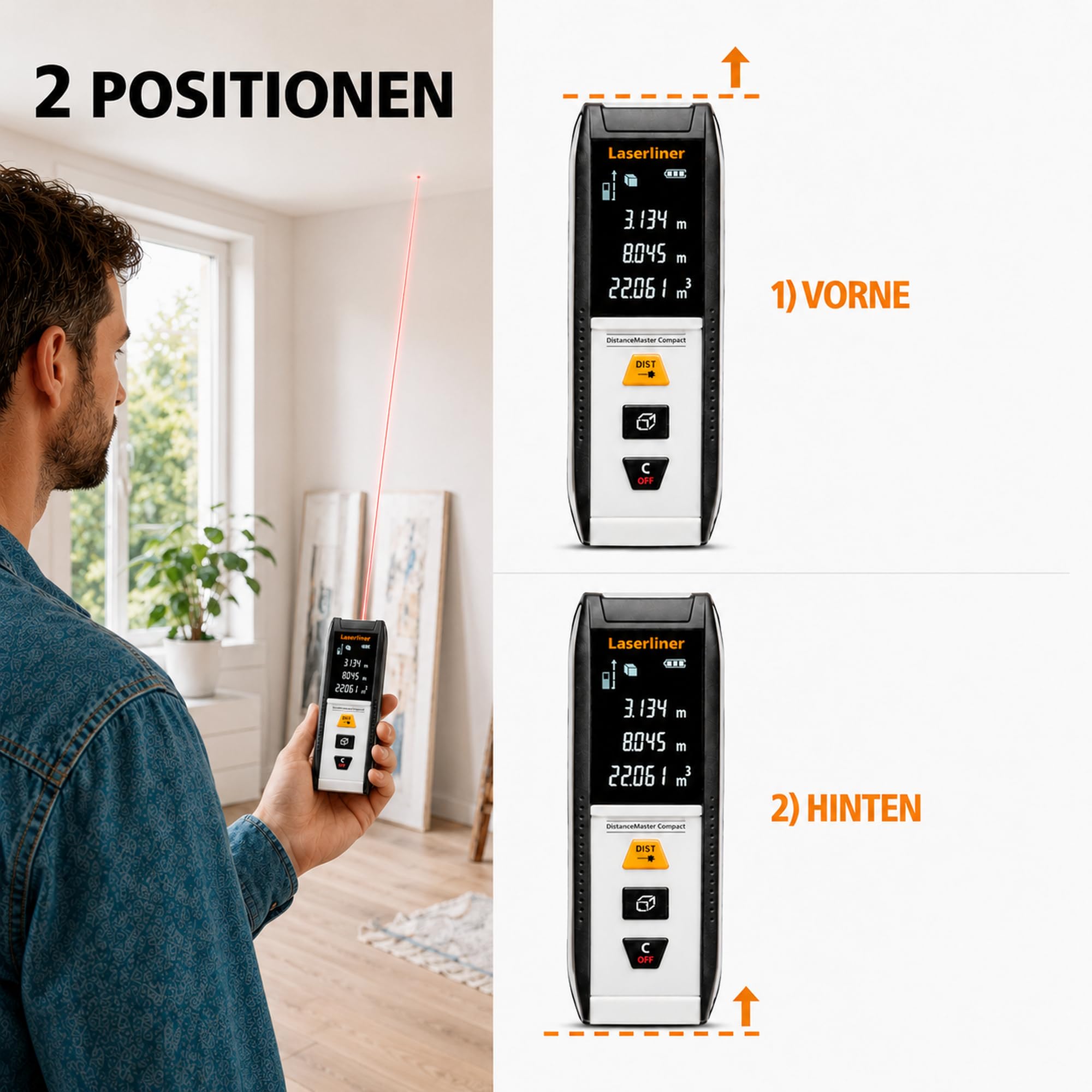 Laserliner DistanceMaster Compact 30 - Telémetro láser (hasta 30 m, medición de Longitud/área/Volumen, medición Continua, Memoria de 50 valores, Incluye Bolsa) | Rango de medición de 30 m, medidor digital, medición de longitud/área/volumen