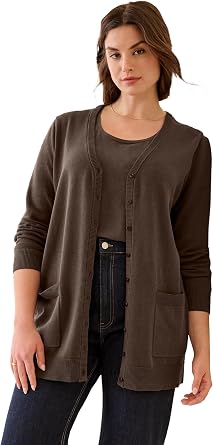ellos Plus Size V-Neck Button-Front 100% Cotton Boyfriend Cardigan