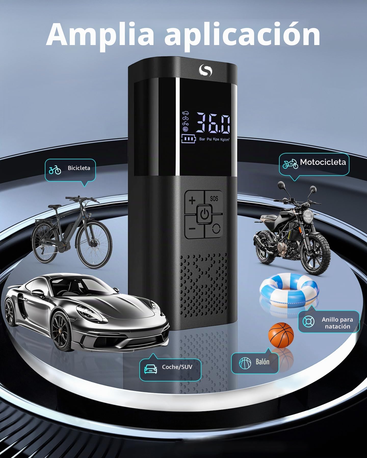 Compresor Aire Portatil, Inflador Ruedas Coche, Mini Compresor Aire Coche con Manómetro, 150PSI Inflador Electrico, Accesorios Coche, con Luz LED para Coche Moto Bicicleta Bola