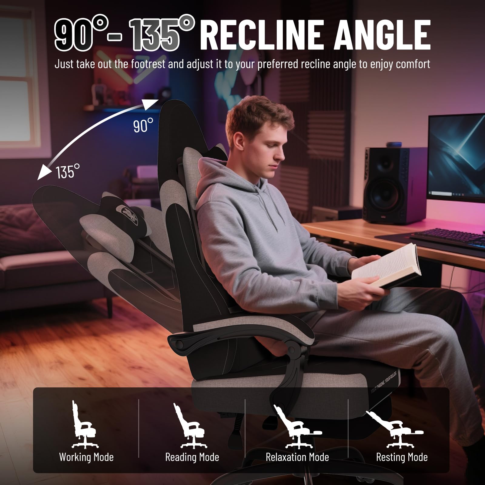 Ferghana Chaise Gaming Ergonomique，Chaise Bureau Gamer，Fauteuil Gamer avec Massage Lombaire,Respirant Tissu,Dossier Inclinable,Repose-Pieds,Hauteur Réglable,Fauteuil de Bureau-Adulte/Enfant，Noir