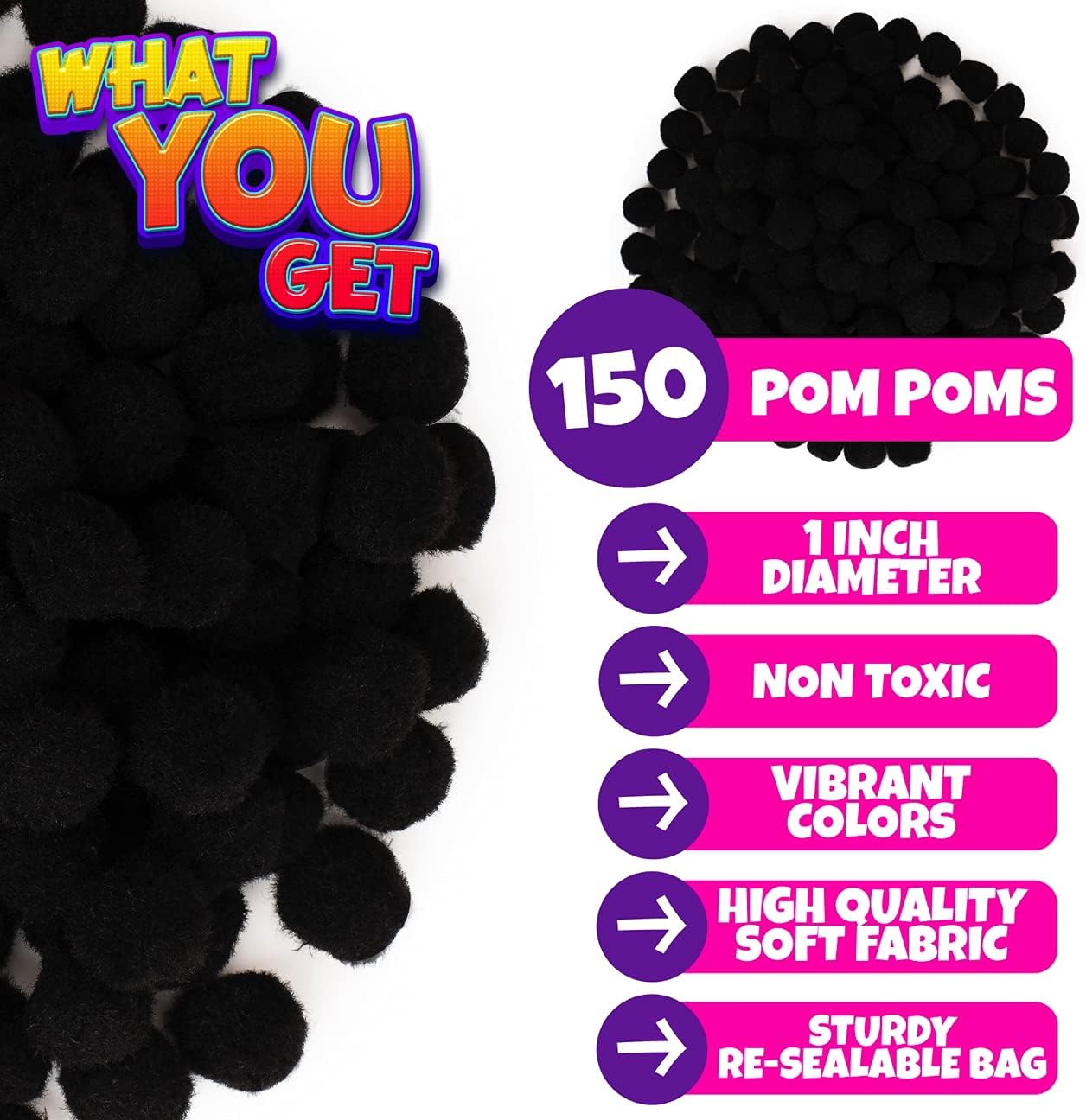 Black Craft Pom Poms - 150 Pack - Blue Squid Multicolor Rainbow Fuzzy Pompom Puff Balls for Crafts