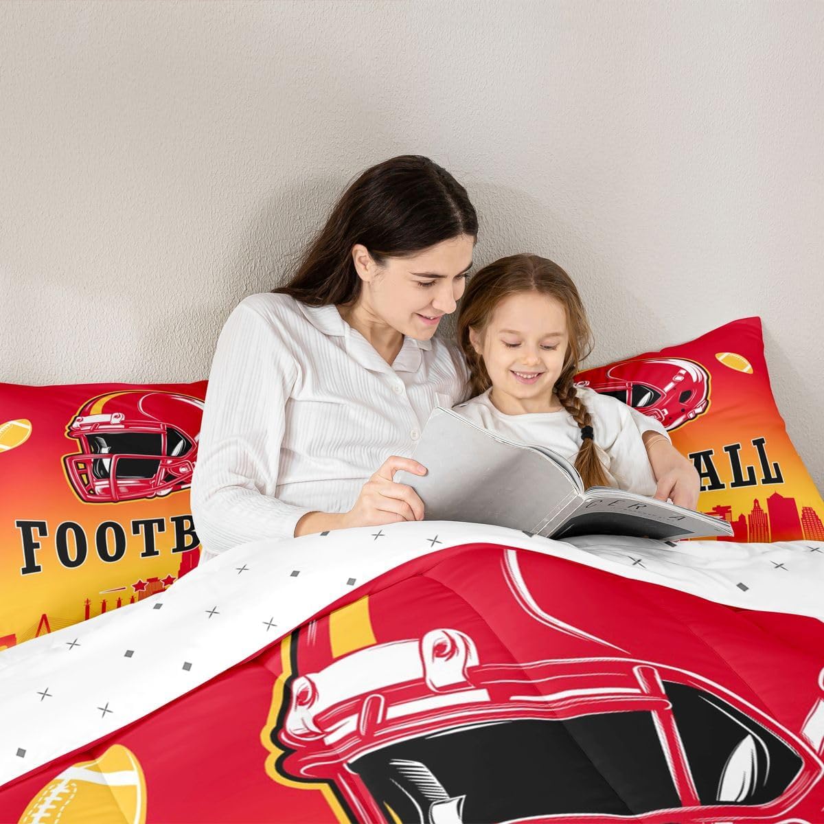 Erosebridal American Soccer Comforter Set Twin Boys Football Fans Bedding Set American Rugby Sports Theme Comforter for Kids Teen Adults,City Silhouette Ball Games Quilt Duvet,Red Yellow