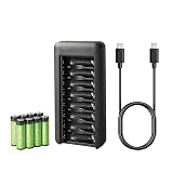 Amazon Basics Zestaw akumulatorów NiMH, 8 sztuk akumulatorów AA 2000 mAh, z ładowarką na 8 akumulatorów, bez zasilacza sieciowego, port USB typu C