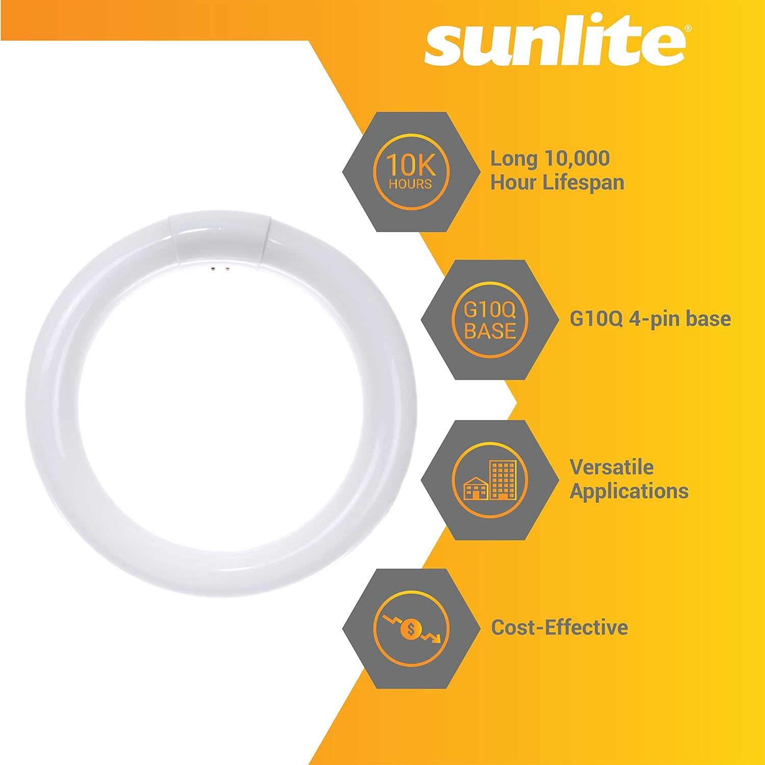 Key features of Sunlite FC8T9/CW lamp: 22 Watts, 1250 Lumens, 4100K Cool White, Energy Efficient, 10,000 Hour Lifespan, G10Q 4-Pin Base, Versatile Applications, Cost-Effective