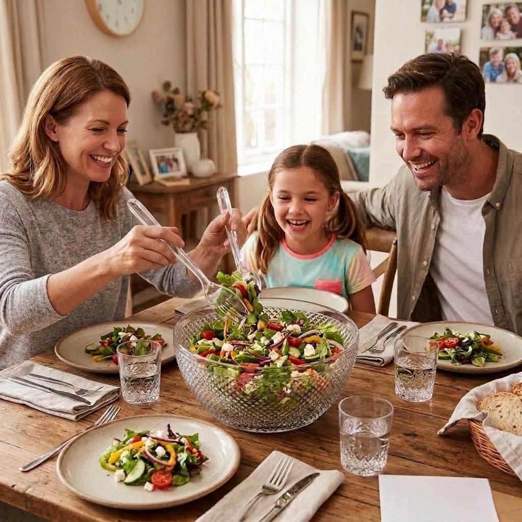 KLIFA- CONWAY series, 3 Sets of Sturdy Acrylic Salad Servers, 3 pc of Each Plastic Salad Fork & Spoon, Shatterproof, Dishwasher-Safe, BPA-Free, Clear