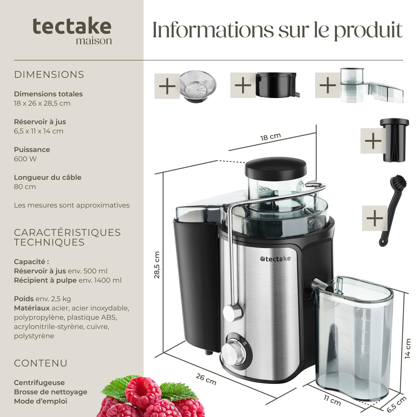 tectake® Extracteur de jus de fruits et légumes Centrifugeuse Fruits et legumes avec Goulotte d'Alimentation 2 Vitesses pour jus de fruits & Alimentation saine Bien-être Electroménager cuisine
