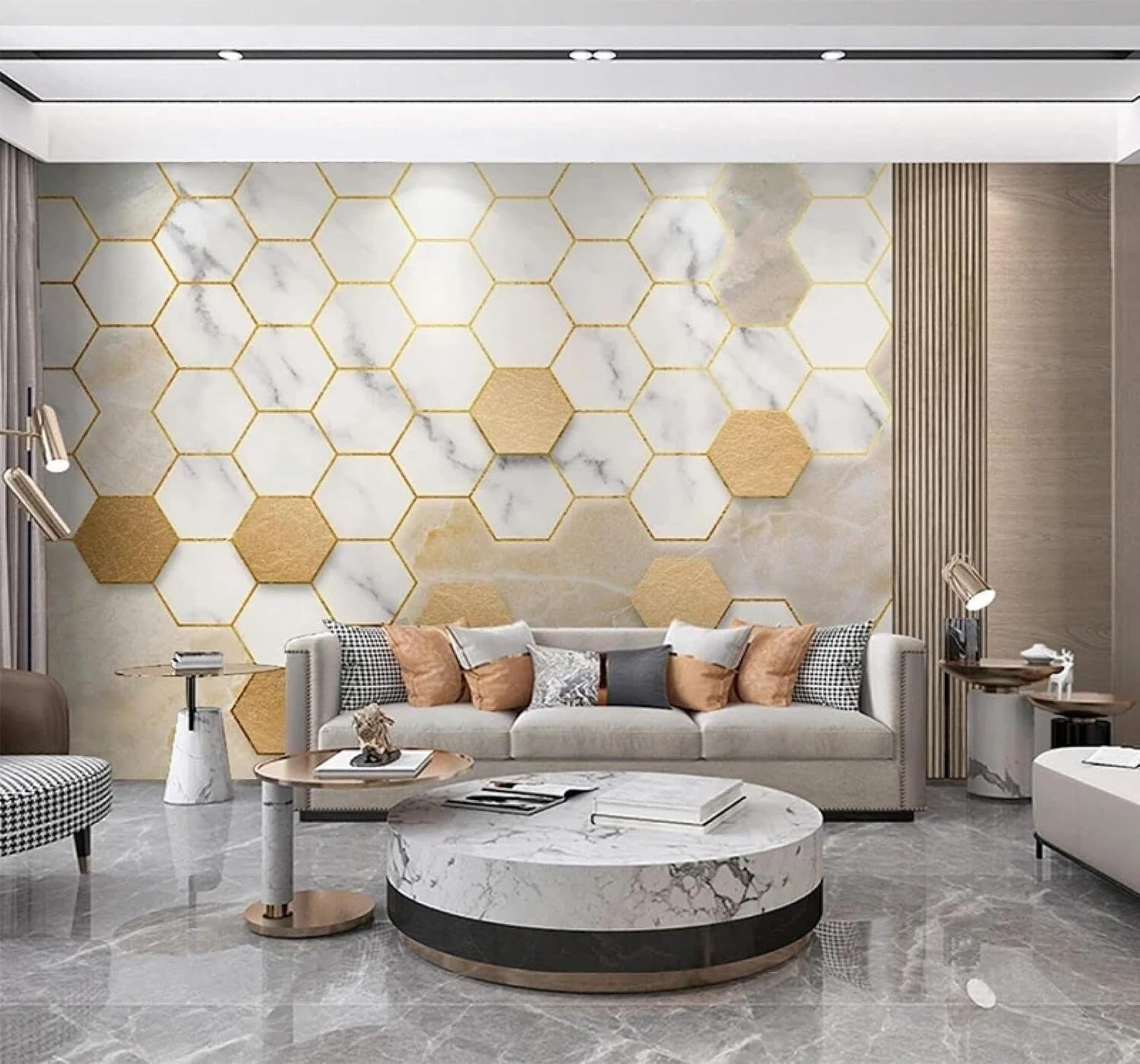 Xlming 300Cm×210Cm(B×H) Abstract Luxurious Gold Geometric Hexagon 3D Wallpaper Luxury Silk Study Dining Feature Sofa Grey Bedroom Living Room Tv Decorative Wall-300Cm×210Cm