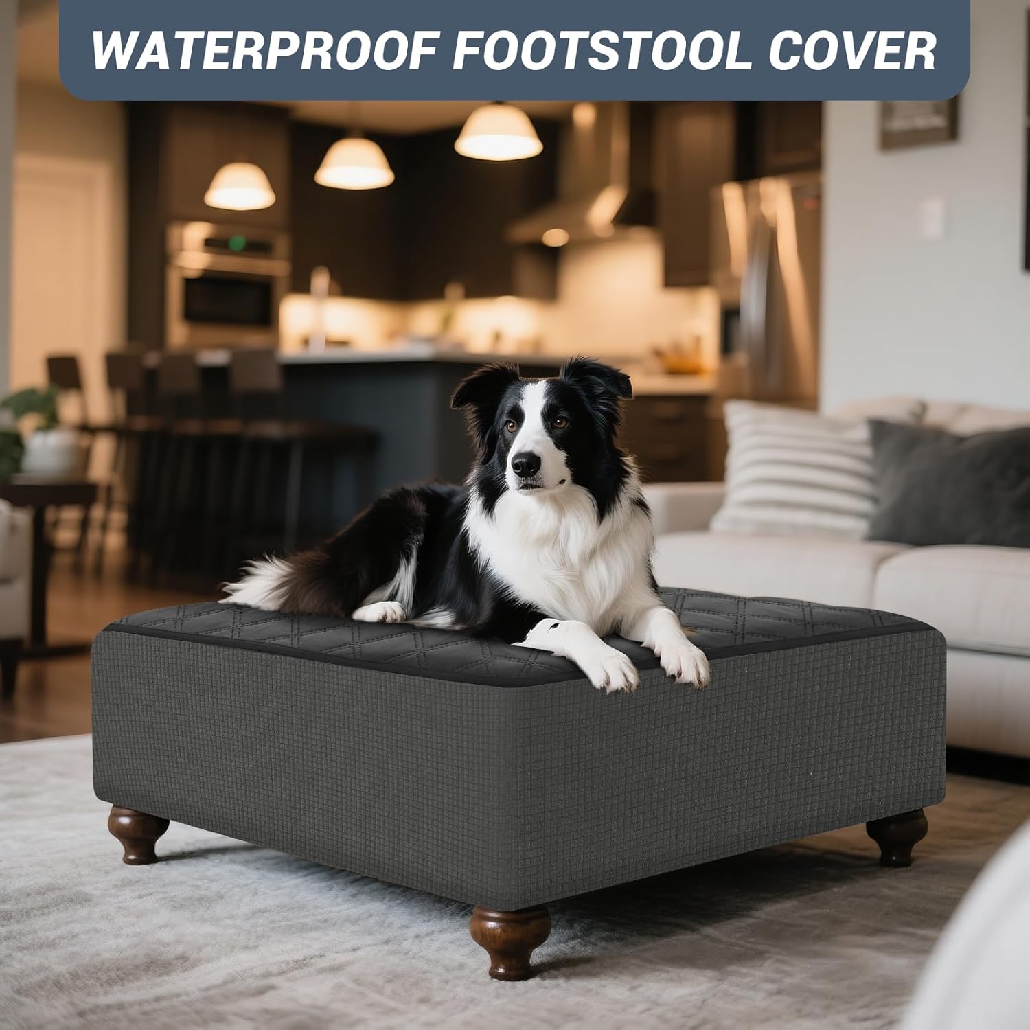 Waterproof Ottoman Cover with 2 Adjustable Straps, High Stretch Square/Rectangle Folding Storage Footstool Covers for Dogs Pets (Grey,1pc Rectangle XL)