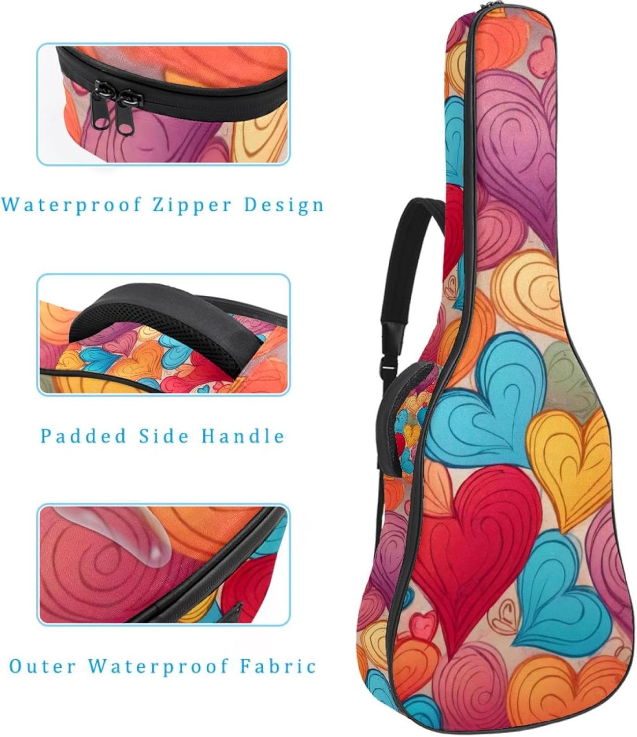 Acoustic Guitar Gig Bag 1 cm Thick Padding, Waterproof Electric Guitar Bag 40-42 Inch Guitar Case Backpack with Dual Shoulder Strap, Colorful Hearts