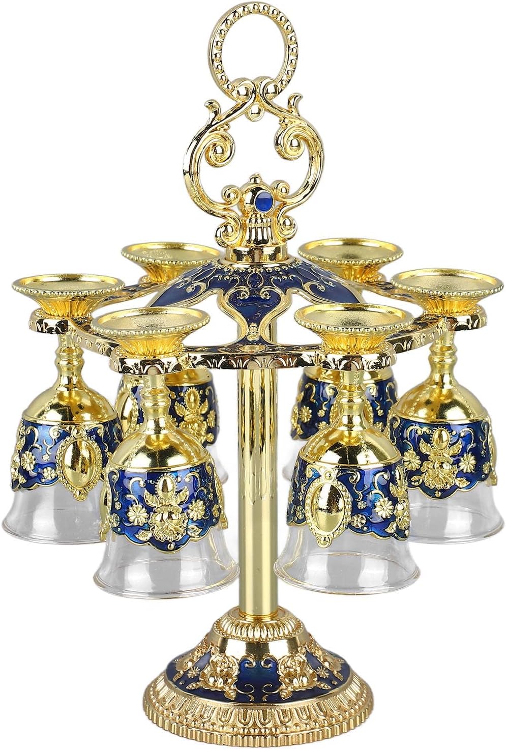 6Pcs Retro Chinese Chalice, Embossed Flower Zinc Alloy Goblets, Unique Drinking Cups for Party Banquet Bar and Family Decor (Gold Blue)