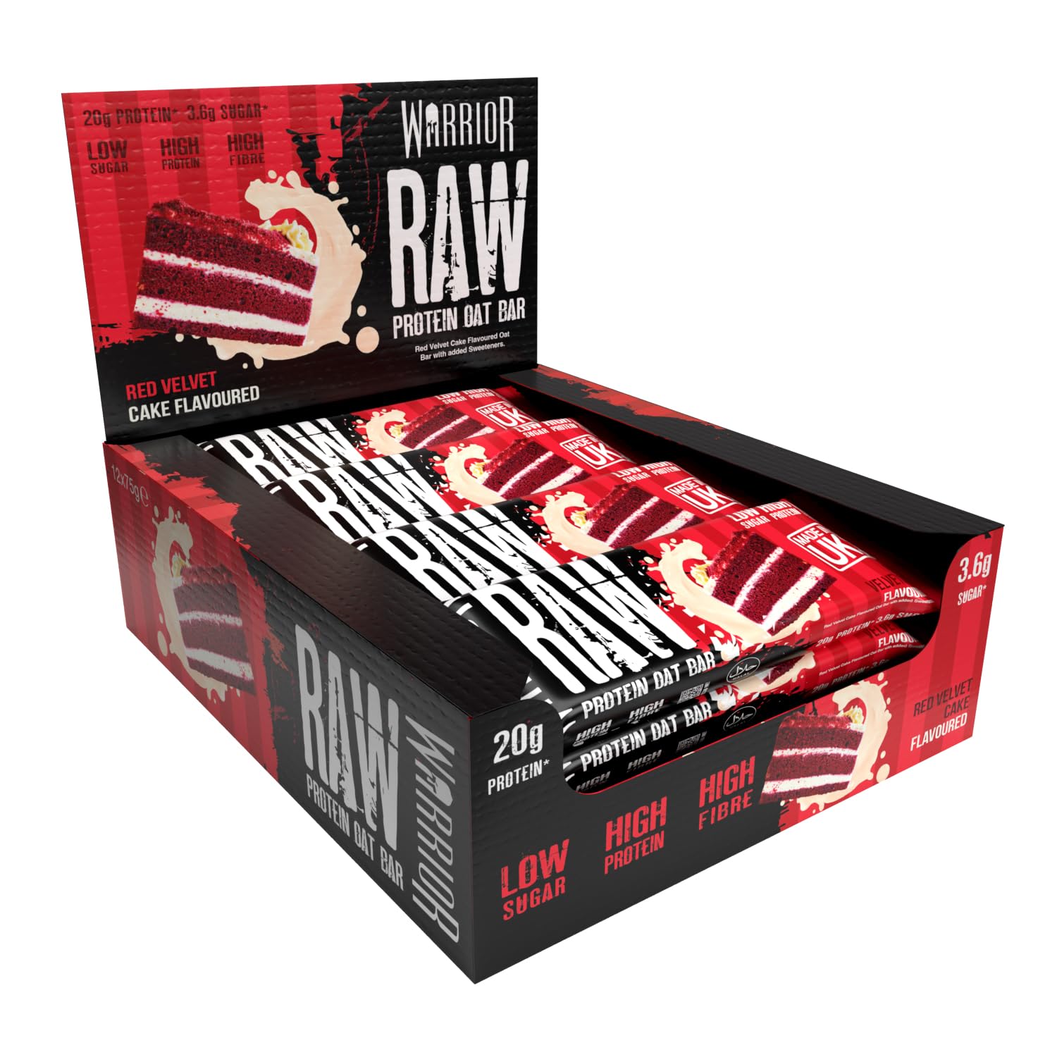 Warrior Raw Protein Bars – 20g Protein Per Bar – High Protein Snack Bars Multipack (12 or 24 Bars, 75g Each) – Low Sugar, High Fibre Breakfast & Meal Replacement Bar – Red Velvet Cake Flapjack